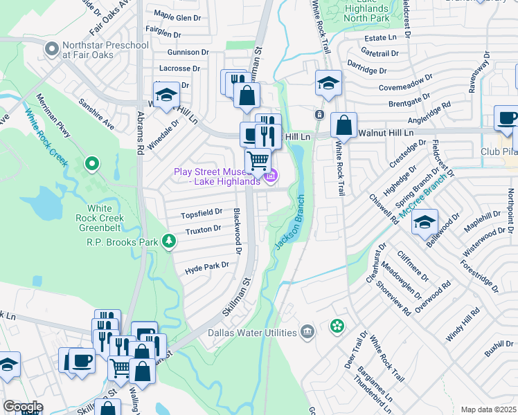 map of restaurants, bars, coffee shops, grocery stores, and more near 4 Watercrest Parkway in Dallas