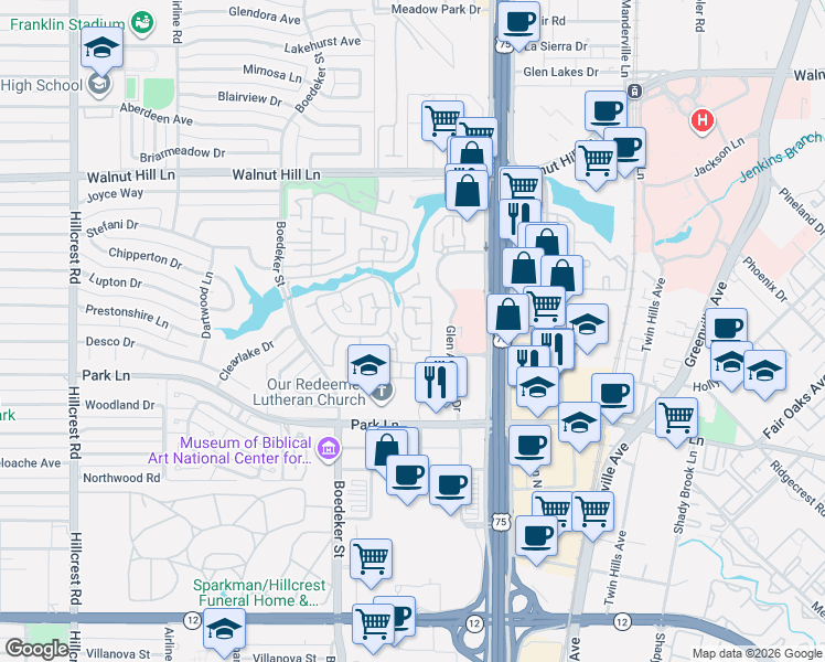 map of restaurants, bars, coffee shops, grocery stores, and more near 9011 Glenshire Court in Dallas