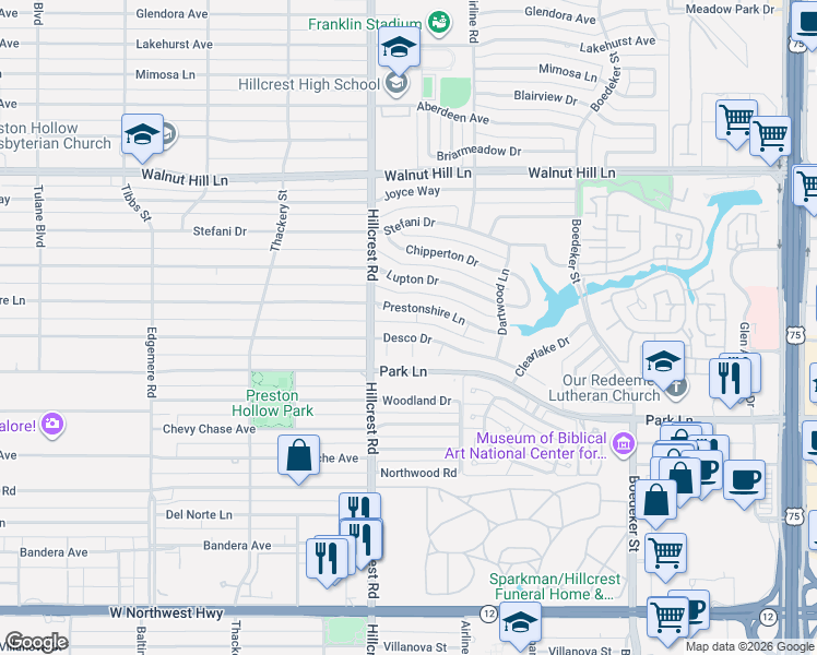 map of restaurants, bars, coffee shops, grocery stores, and more near 6916 Prestonshire Lane in Dallas