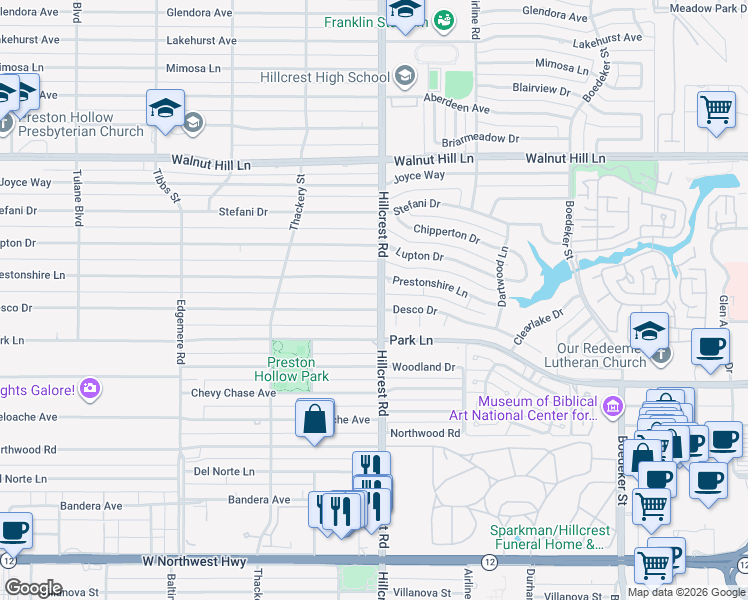 map of restaurants, bars, coffee shops, grocery stores, and more near 6830 Prestonshire Lane in Dallas