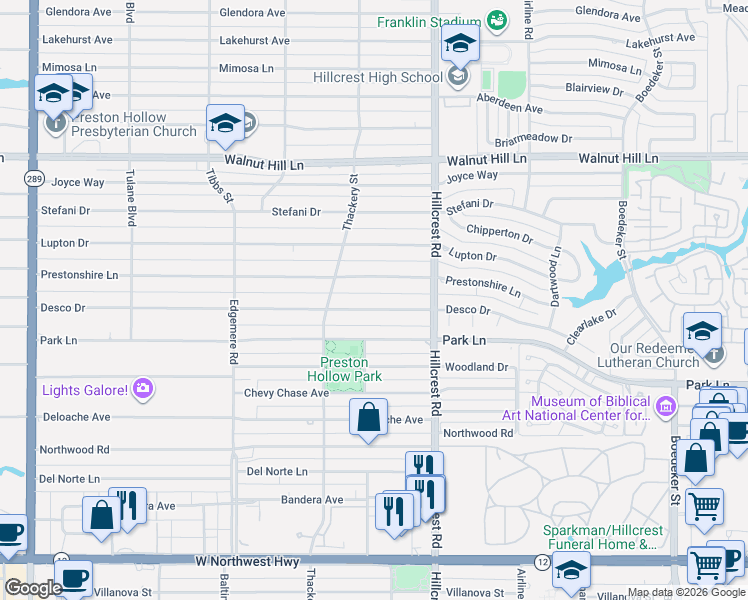 map of restaurants, bars, coffee shops, grocery stores, and more near 6746 Prestonshire Lane in Dallas