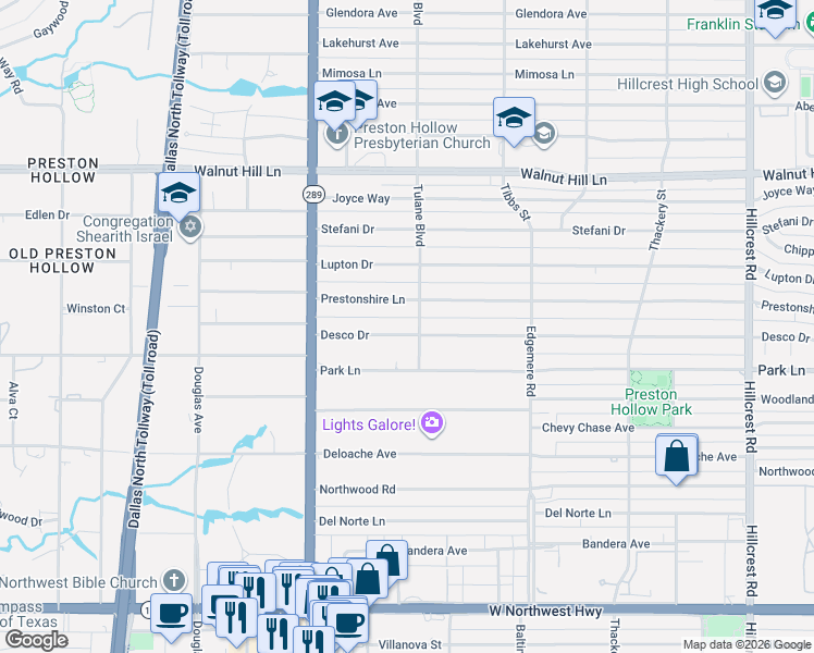 map of restaurants, bars, coffee shops, grocery stores, and more near 6122 Prestonshire Lane in Dallas