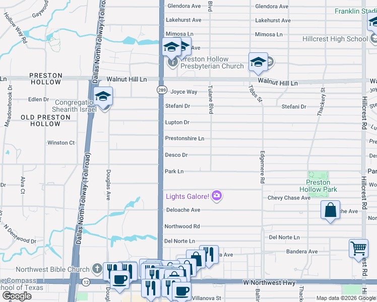 map of restaurants, bars, coffee shops, grocery stores, and more near 6122 Prestonshire Lane in Dallas