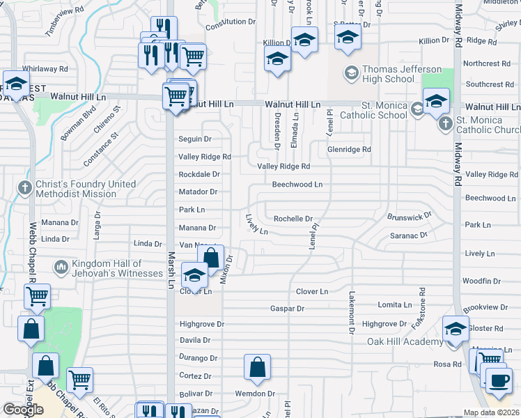 map of restaurants, bars, coffee shops, grocery stores, and more near 3851 Park Lane in Dallas