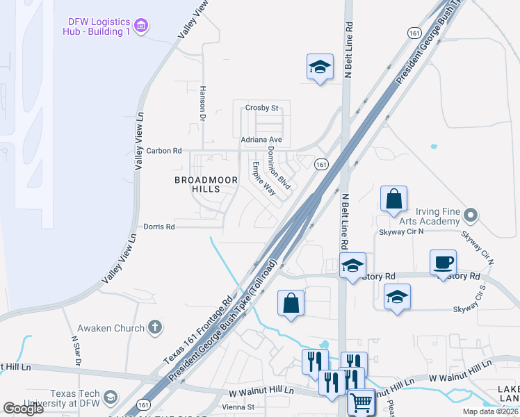 map of restaurants, bars, coffee shops, grocery stores, and more near 4901 Longwood Court in Irving