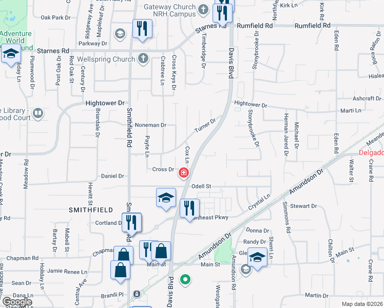 map of restaurants, bars, coffee shops, grocery stores, and more near 6983 Cox Lane in Fort Worth