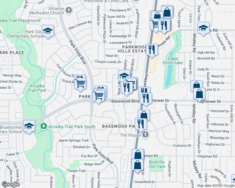 map of restaurants, bars, coffee shops, grocery stores, and more near 7424 Mesa Verde Trail in Fort Worth