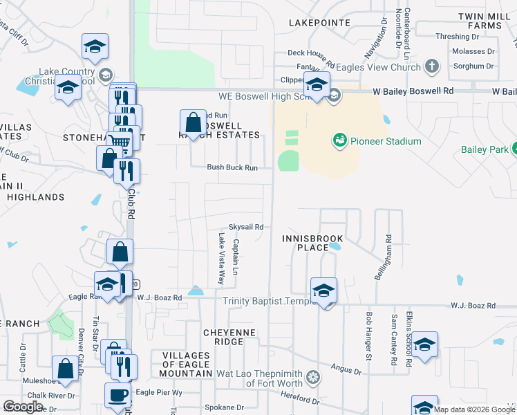 map of restaurants, bars, coffee shops, grocery stores, and more near 8004 Spritsail Lane in Fort Worth