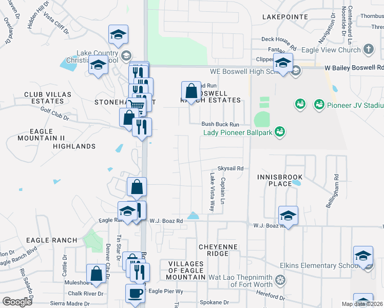 map of restaurants, bars, coffee shops, grocery stores, and more near 8005 Boat Wind Road in Fort Worth