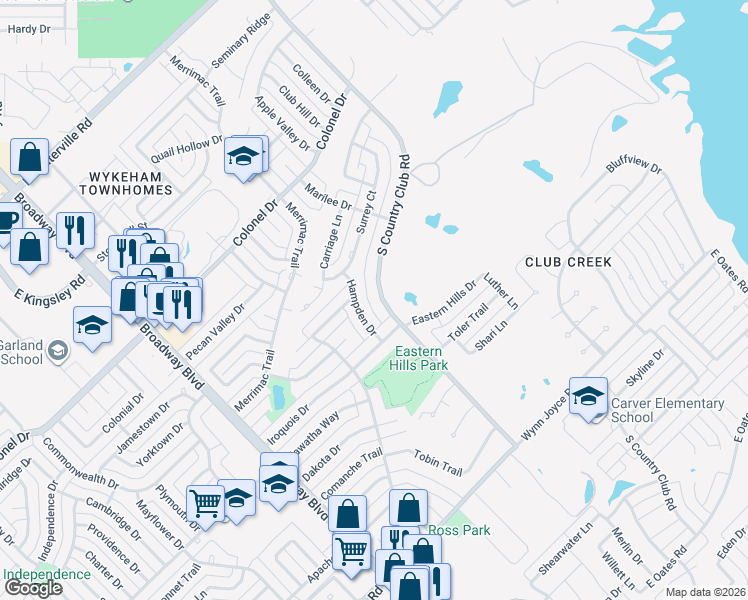 map of restaurants, bars, coffee shops, grocery stores, and more near 3301 South Country Club Road in Garland