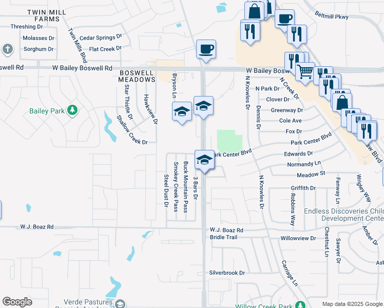 map of restaurants, bars, coffee shops, grocery stores, and more near 4508 Skipador Drive in Fort Worth