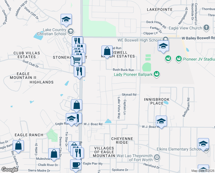 map of restaurants, bars, coffee shops, grocery stores, and more near 8005 Boat Wind Road in Fort Worth