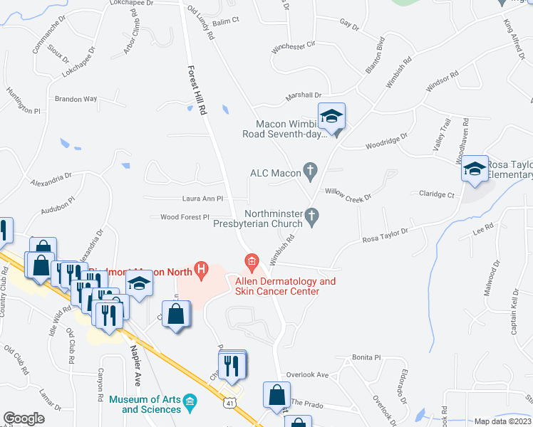 map of restaurants, bars, coffee shops, grocery stores, and more near 590 High Point North Road in Macon