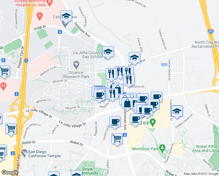 map of restaurants, bars, coffee shops, grocery stores, and more near 4275 Executive Drive in San Diego