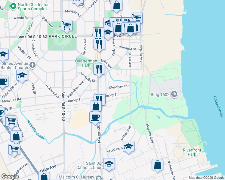 map of restaurants, bars, coffee shops, grocery stores, and more near 1080 Glenshaw Street in North Charleston