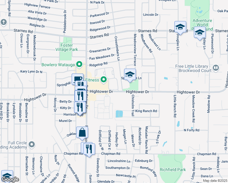 map of restaurants, bars, coffee shops, grocery stores, and more near 6898 Hightower Drive in North Richland Hills