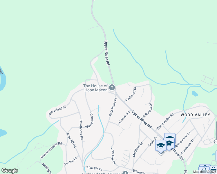 map of restaurants, bars, coffee shops, grocery stores, and more near 1909 Woodland Drive in Macon