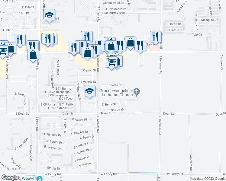 map of restaurants, bars, coffee shops, grocery stores, and more near 220 North Sunset Circle in Casa Grande