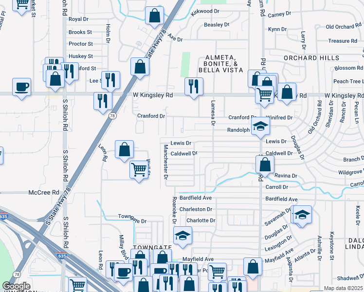 map of restaurants, bars, coffee shops, grocery stores, and more near 1821 Lewis Drive in Garland