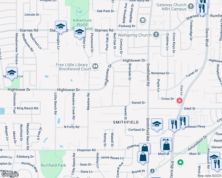 map of restaurants, bars, coffee shops, grocery stores, and more near 7560 Hightower Drive in North Richland Hills