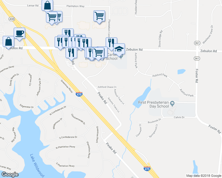 map of restaurants, bars, coffee shops, grocery stores, and more near 1052 Ashford Chase Court in Macon