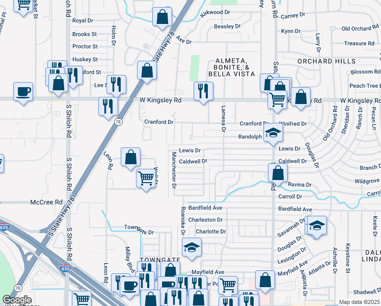 map of restaurants, bars, coffee shops, grocery stores, and more near 1821 Lewis Drive in Garland