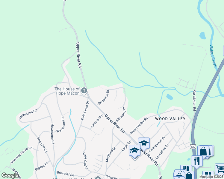map of restaurants, bars, coffee shops, grocery stores, and more near Flintwood Drive in Macon