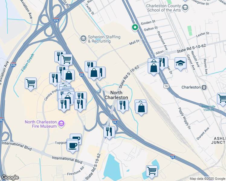 map of restaurants, bars, coffee shops, grocery stores, and more near 2415 Mall Drive in North Charleston