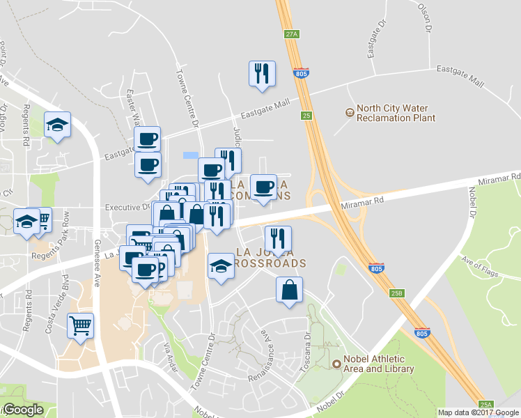 map of restaurants, bars, coffee shops, grocery stores, and more near 4747 Executive Drive in San Diego