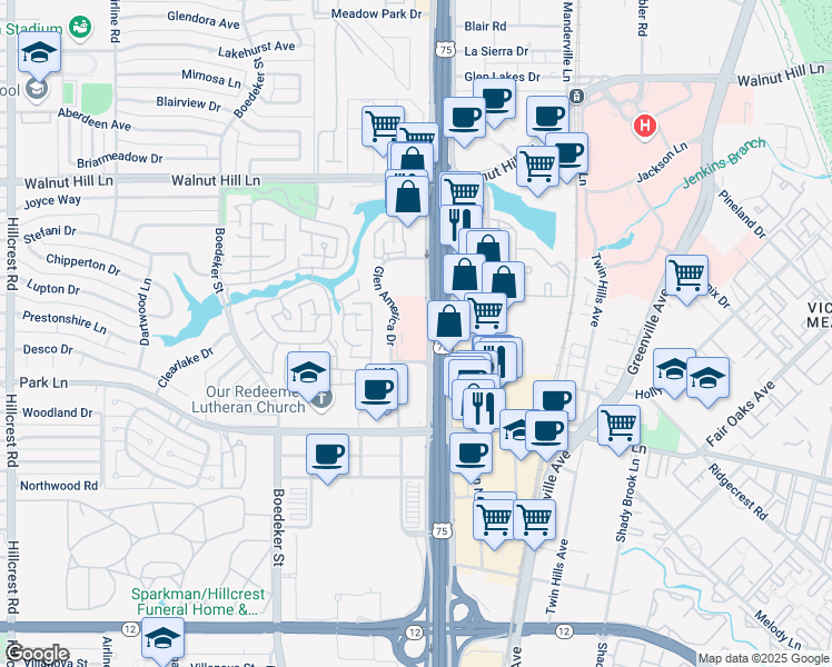 map of restaurants, bars, coffee shops, grocery stores, and more near 9301 North Central Expressway in Dallas