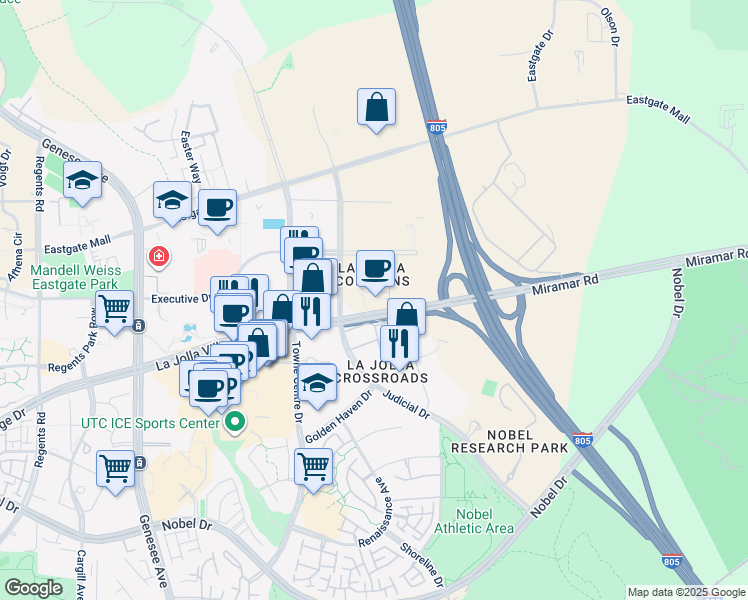 map of restaurants, bars, coffee shops, grocery stores, and more near 4747 Executive Drive in San Diego