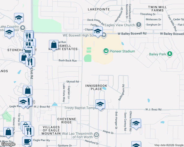 map of restaurants, bars, coffee shops, grocery stores, and more near 7400 Bowman Roberts Road in Fort Worth