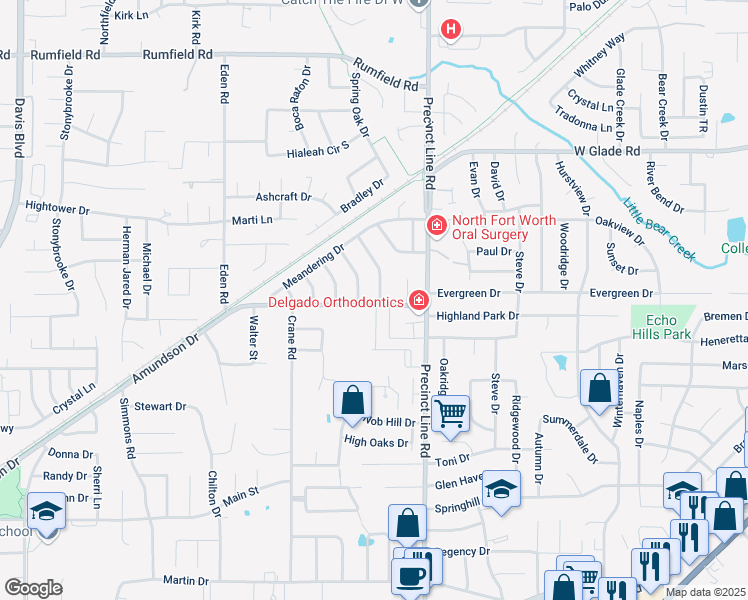 map of restaurants, bars, coffee shops, grocery stores, and more near 7008 Spanish Oaks Drive in North Richland Hills