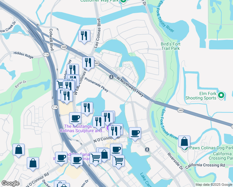 map of restaurants, bars, coffee shops, grocery stores, and more near 555 Promenade Parkway in Irving