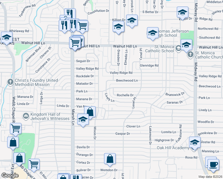 map of restaurants, bars, coffee shops, grocery stores, and more near 3851 Park Lane in Dallas