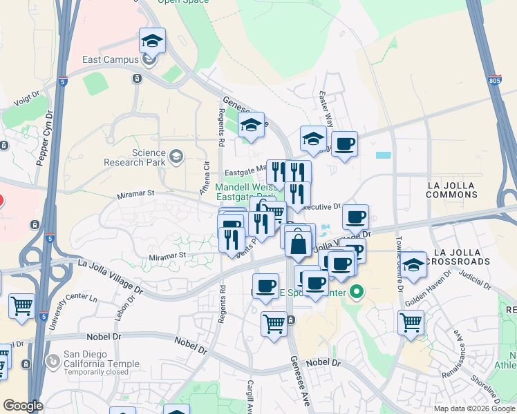 map of restaurants, bars, coffee shops, grocery stores, and more near 4275 Executive Drive in San Diego