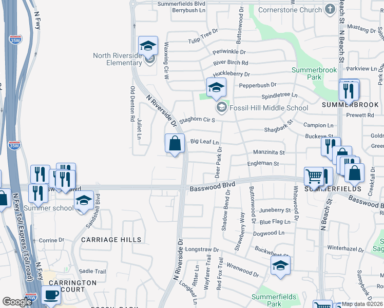 map of restaurants, bars, coffee shops, grocery stores, and more near 3709 Lightland Road in Fort Worth