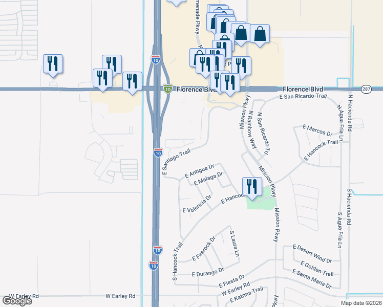 map of restaurants, bars, coffee shops, grocery stores, and more near 2394 East Santiago Trail in Casa Grande