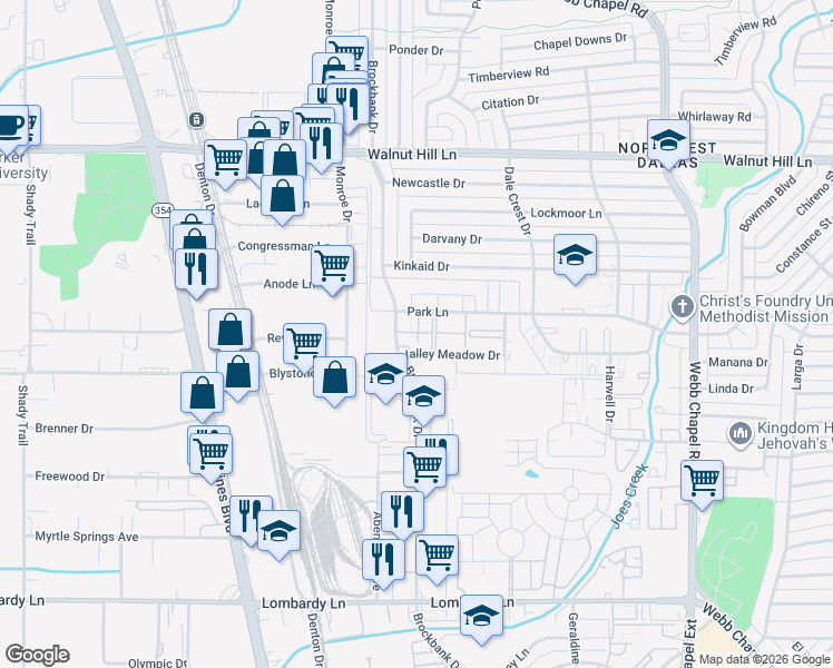 map of restaurants, bars, coffee shops, grocery stores, and more near 9866G Brockbank Drive in Dallas