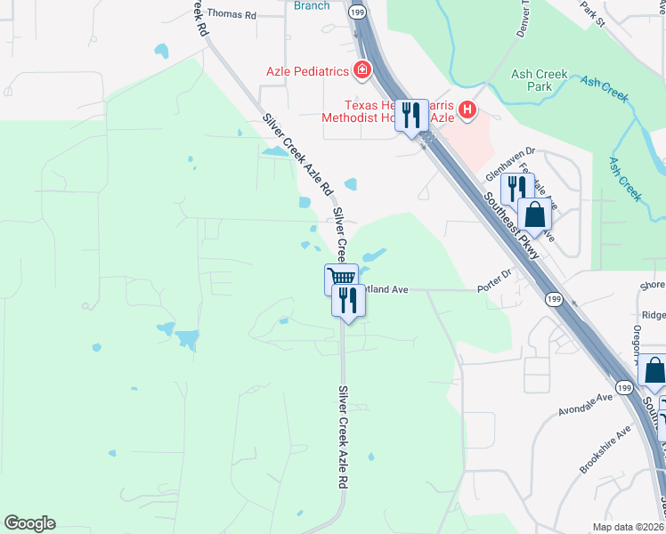 map of restaurants, bars, coffee shops, grocery stores, and more near 1008 Silver Creek Azle Road in Azle