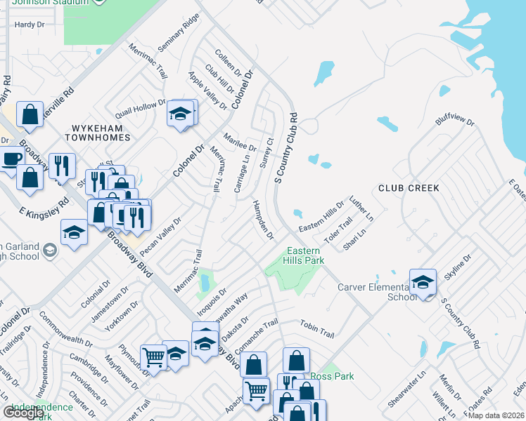 map of restaurants, bars, coffee shops, grocery stores, and more near 3301 South Country Club Road in Garland