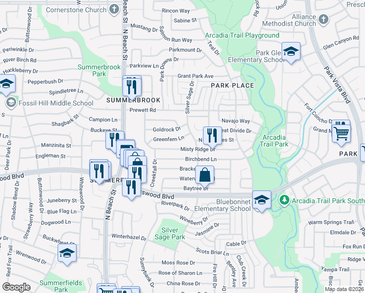 map of restaurants, bars, coffee shops, grocery stores, and more near 4665 Misty Ridge Drive in Fort Worth