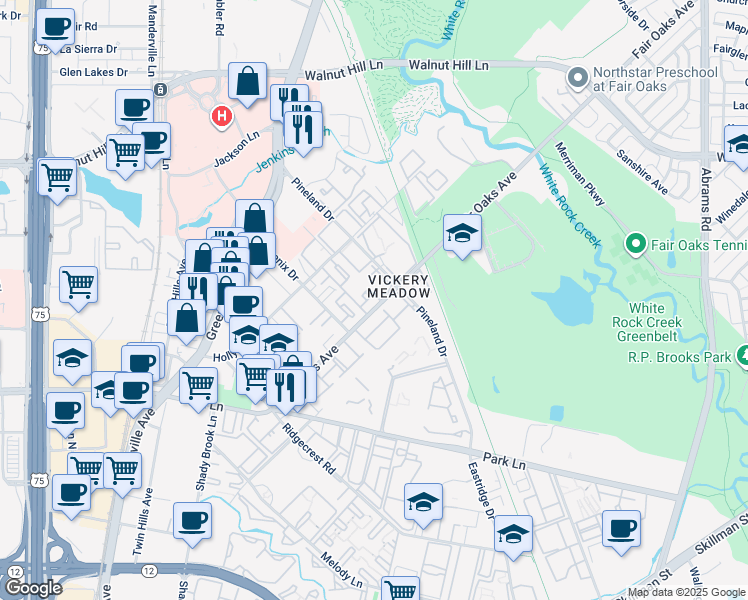 map of restaurants, bars, coffee shops, grocery stores, and more near 7304 Fair Oaks Avenue in Dallas