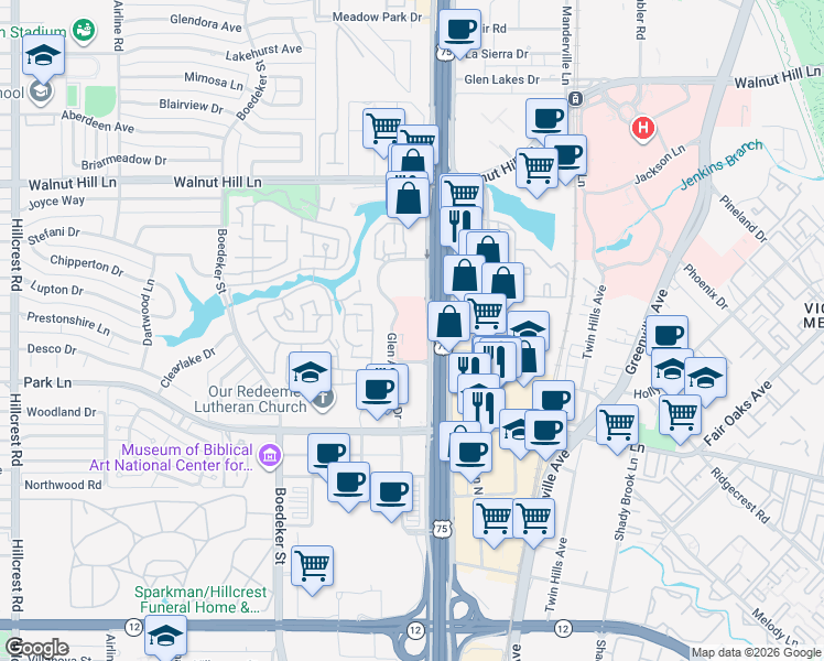 map of restaurants, bars, coffee shops, grocery stores, and more near 9301 North Central Expressway in Dallas