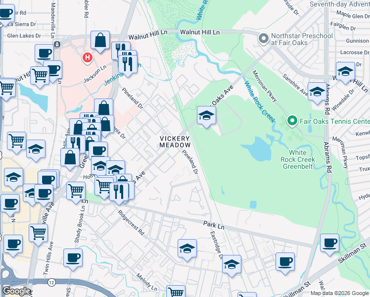 map of restaurants, bars, coffee shops, grocery stores, and more near 6036 Pineland Drive in Dallas
