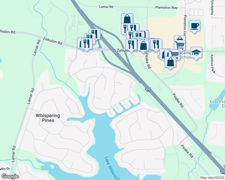 map of restaurants, bars, coffee shops, grocery stores, and more near 291 Jefferson Park Drive in Macon