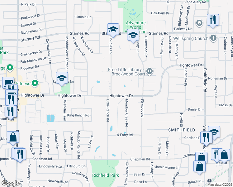 map of restaurants, bars, coffee shops, grocery stores, and more near 7405 Hightower Drive in Fort Worth
