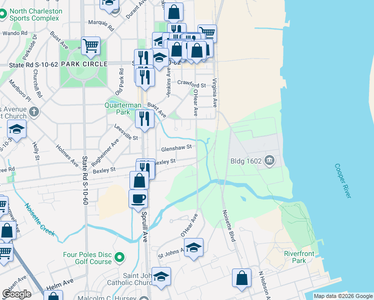 map of restaurants, bars, coffee shops, grocery stores, and more near 1064 Glenshaw Street in North Charleston
