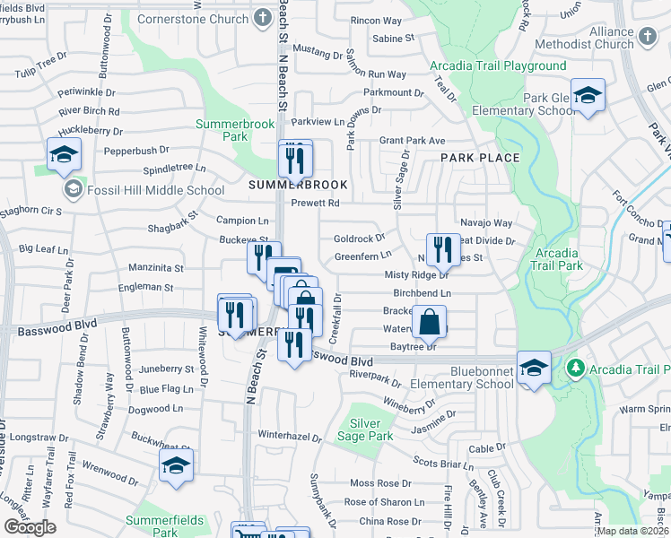 map of restaurants, bars, coffee shops, grocery stores, and more near 4608 Greenfern Lane in Fort Worth