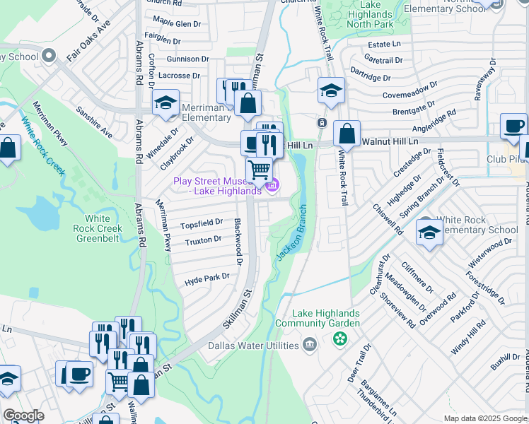 map of restaurants, bars, coffee shops, grocery stores, and more near 4 Watercrest Parkway in Dallas